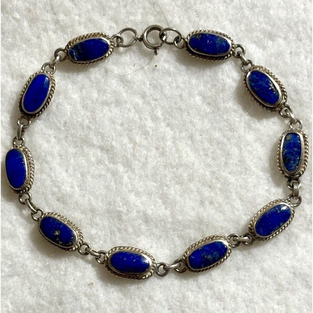 Estate 925 Sterling Silver Lapis Lazuli Bracelet 10 Stone Oval Link Gemstone
